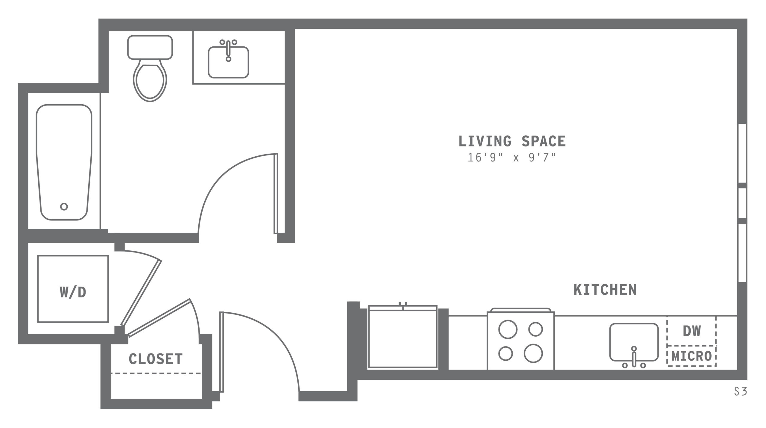 Astella Studio One Bedroom Floor Plan S2